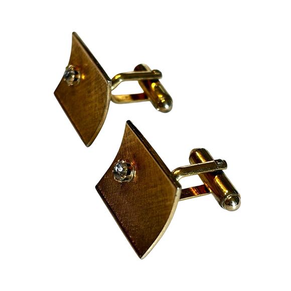 Mid Century gold textured cufflinks with prong set rhinestones vintage menswear - Picture 3 of 5